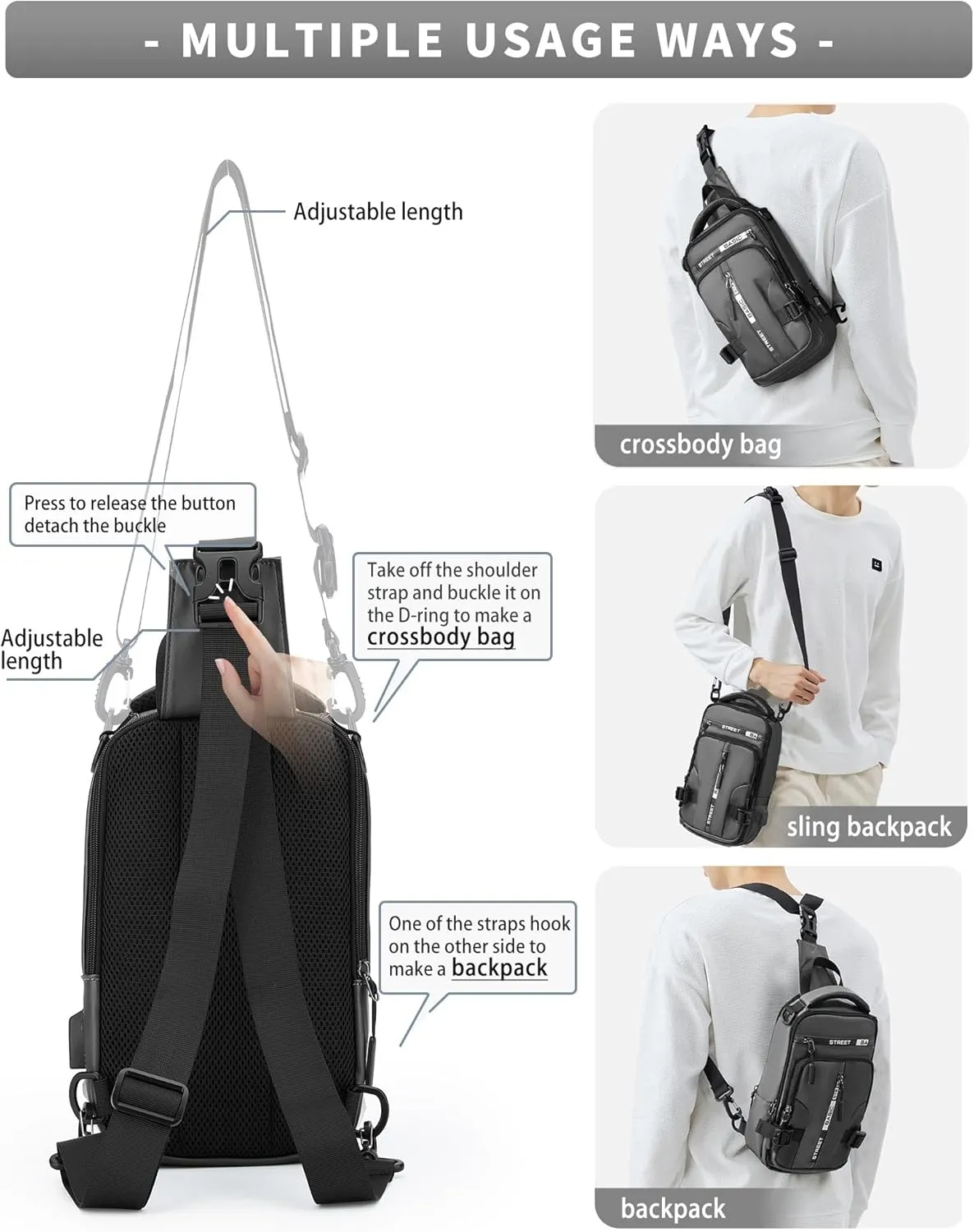 SEAFEW Grey Sling Crossbody Backpack Shoulder Messenger Bag for Men, Mini Anti Theft One Strap Motorcycle Backpack Sling Tactical Chest Bag for Hiking Walking Biking Travel Cycling