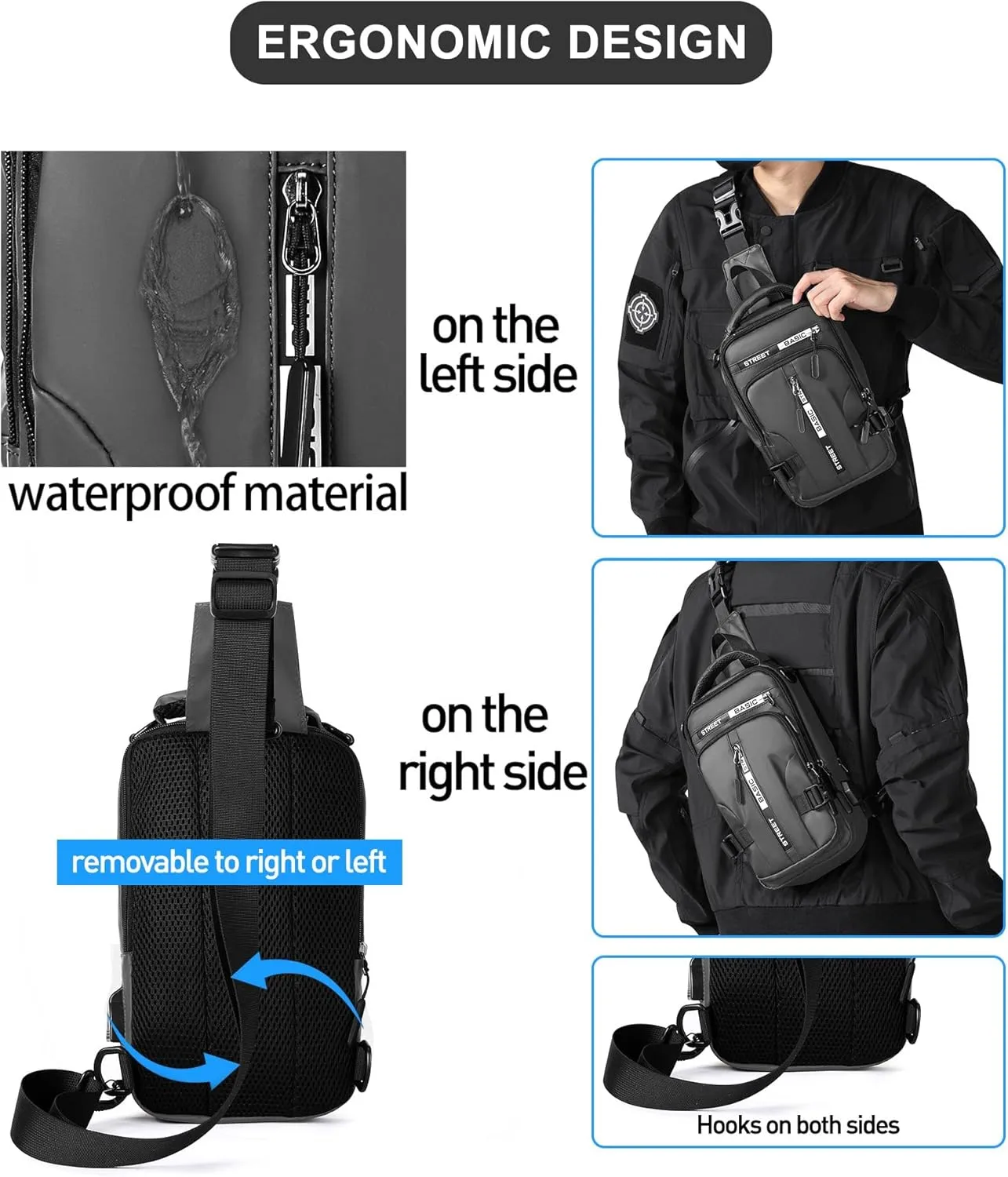SEAFEW Grey Sling Crossbody Backpack Shoulder Messenger Bag for Men, Mini Anti Theft One Strap Motorcycle Backpack Sling Tactical Chest Bag for Hiking Walking Biking Travel Cycling