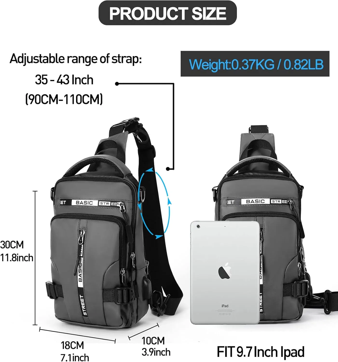 SEAFEW Grey Sling Crossbody Backpack Shoulder Messenger Bag for Men, Mini Anti Theft One Strap Motorcycle Backpack Sling Tactical Chest Bag for Hiking Walking Biking Travel Cycling