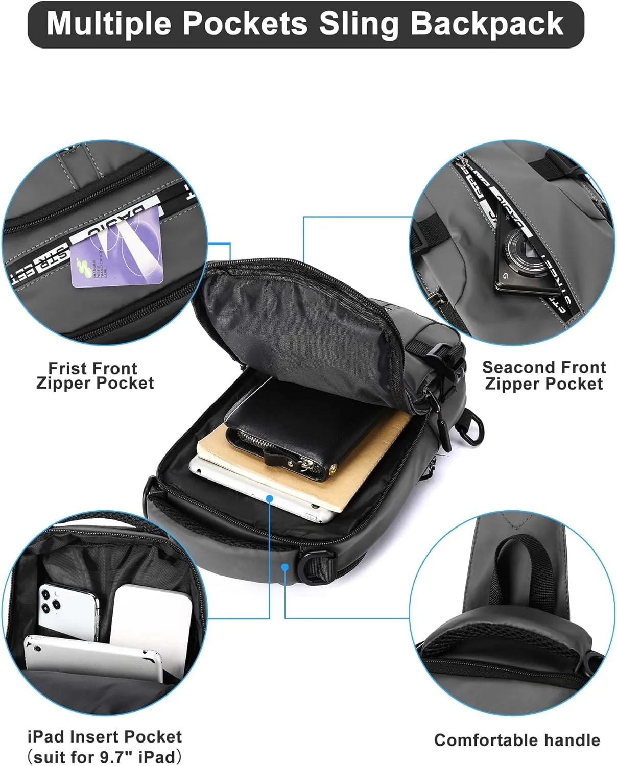 SEAFEW Grey Sling Crossbody Backpack Shoulder Messenger Bag for Men, Mini Anti Theft One Strap Motorcycle Backpack Sling Tactical Chest Bag for Hiking Walking Biking Travel Cycling