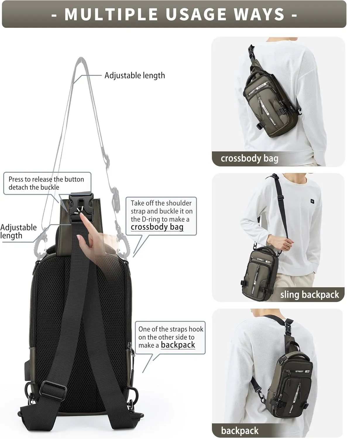 SEAFEW Khaki Sling Crossbody Backpack Shoulder Messenger Bag for Men, Mini Anti Theft One Strap Motorcycle Backpack Sling Tactical Chest Bag for Hiking Walking Biking Travel Cycling
