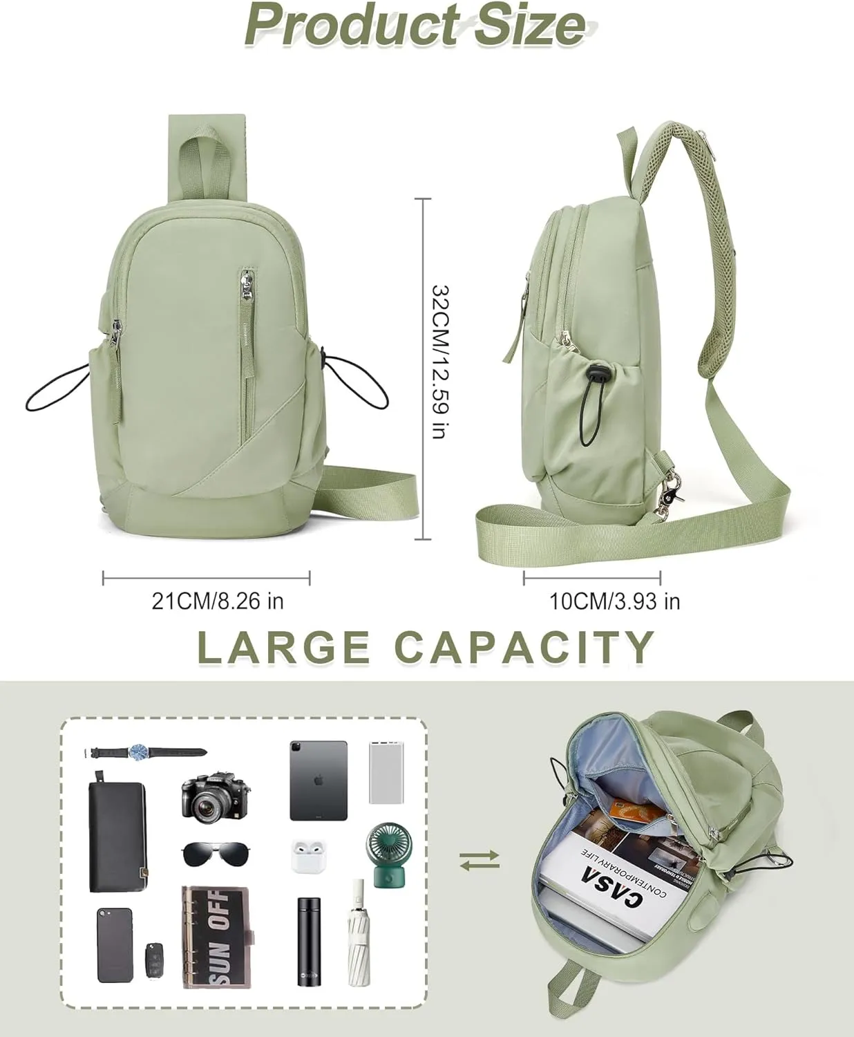 SEAFEW Sling Backpack bag for Men, Multipurpose Crossbody Shoulder Bag for Travel Hiking Daypack Green