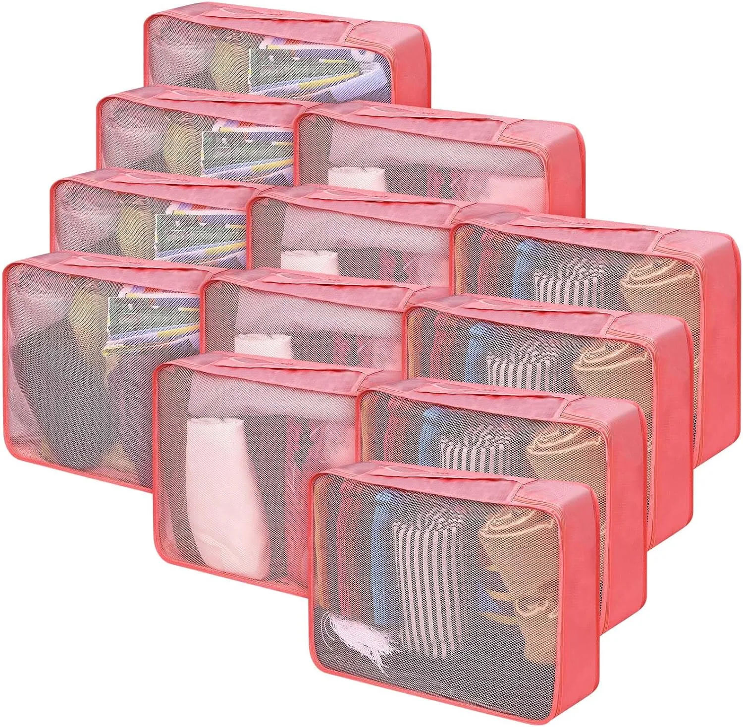 Silkfly 12 Pcs Packing Cubes for Suitcase Travel Luggage Bags Bulk Mesh Organizer Set for Hiking Camping Backpacking Clothes Accessories(Watermelon Red)