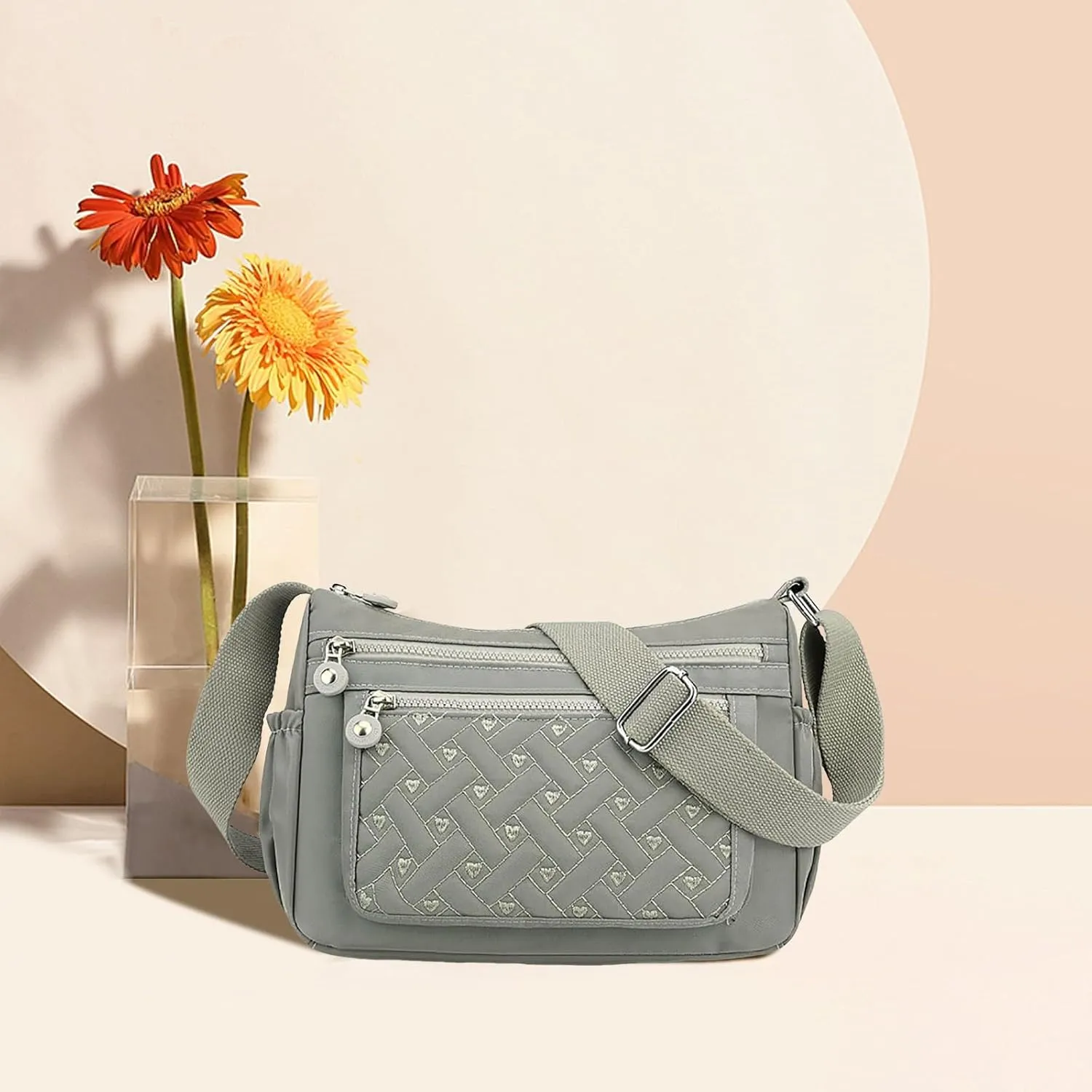 Single Shoulder Women's Bag New Nylon Embroidery Line Bag Canvas Lady's Body Cloth Bags Large (Dark Gray, One Size)
