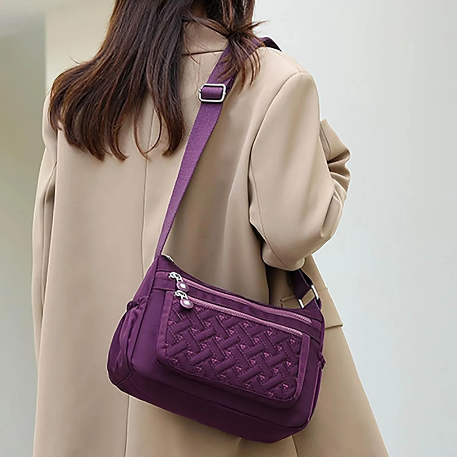 Single Shoulder Women's Bags New Nylon Embroidery Line Bags Canvas Lady's Body Cloth Bag Large (Purple, One Size)
