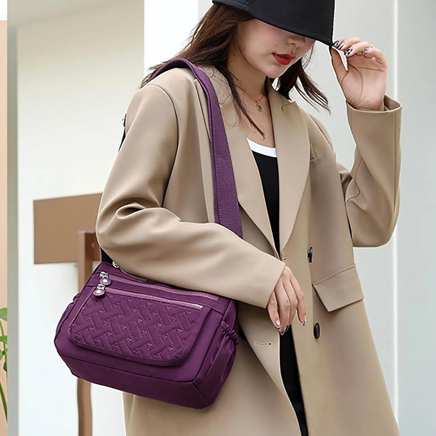 Single Shoulder Women's Bags New Nylon Embroidery Line Bags Canvas Lady's Body Cloth Bag Large (Purple, One Size)