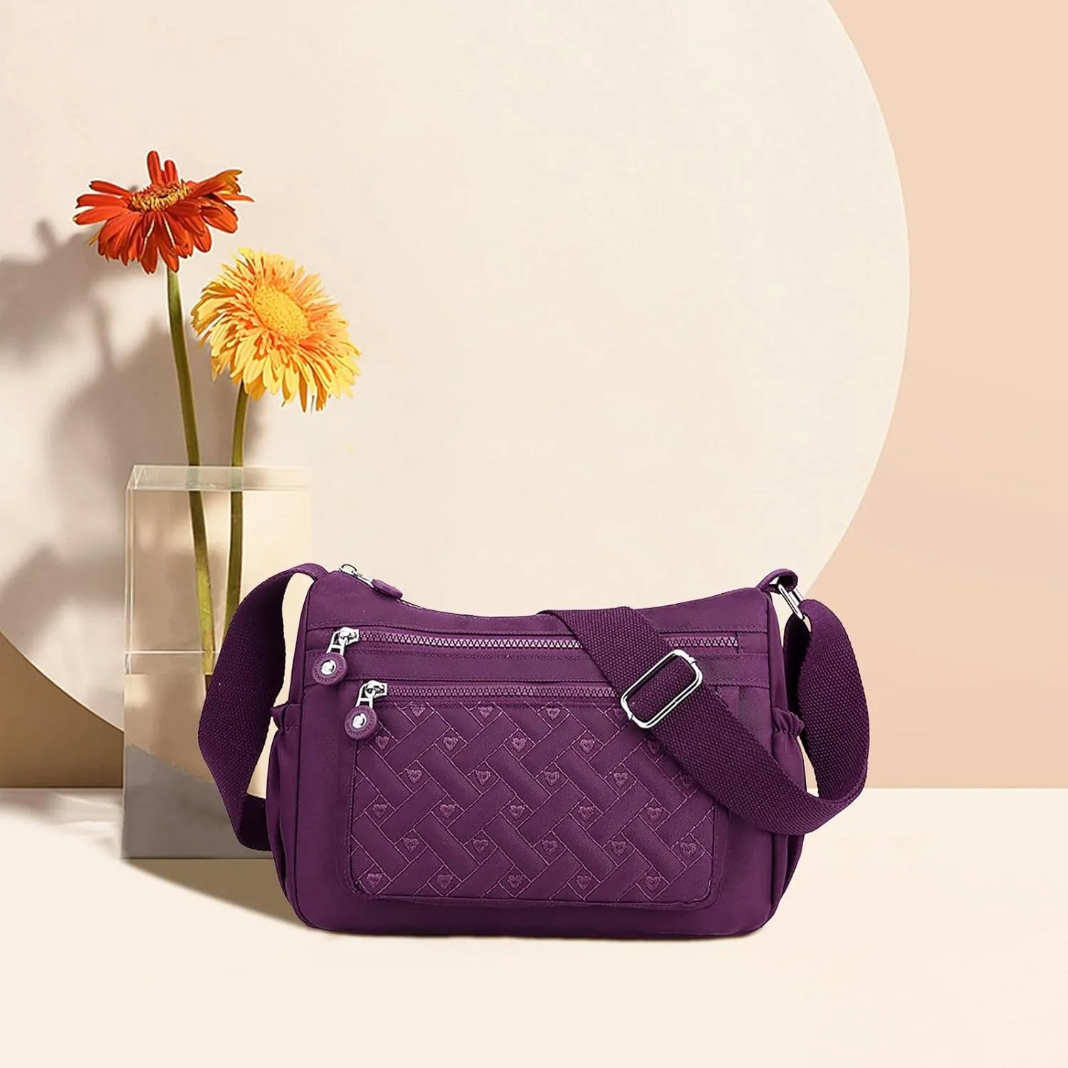 Single Shoulder Women's Bags New Nylon Embroidery Line Bags Canvas Lady's Body Cloth Bag Large (Purple, One Size)