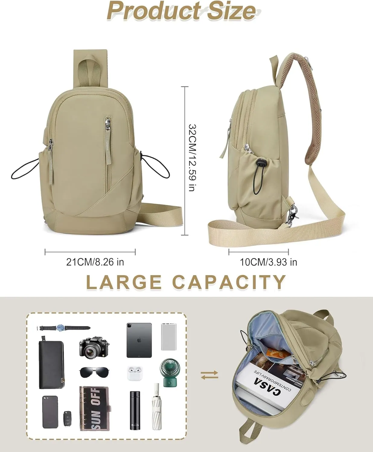 Sling Crossbody Bag for Men Women, Tactical Backpack Shoulder Daypack Mini Anti-Theft Motorcycle Chest Bags, Small One Strap Backpack for Casual Travel Hiking Outdoor Sports Khaki