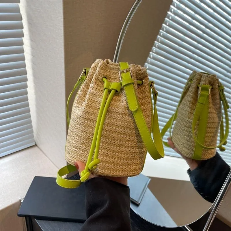 Small Crossbody Purses Women Y2k Beach Crochet Bucket Bags Drawstring Straw Bag Cute Bag