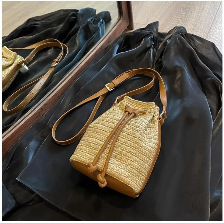 Small Crossbody Purses Women Y2k Beach Crochet Bucket Bags Drawstring Straw Bag Cute Bag