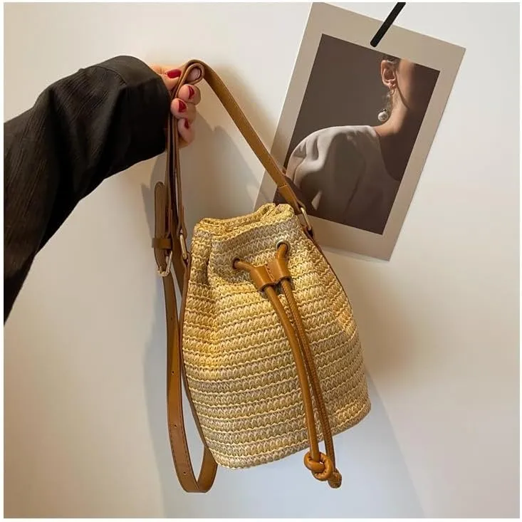 Small Crossbody Purses Women Y2k Beach Crochet Bucket Bags Drawstring Straw Bag Cute Bag