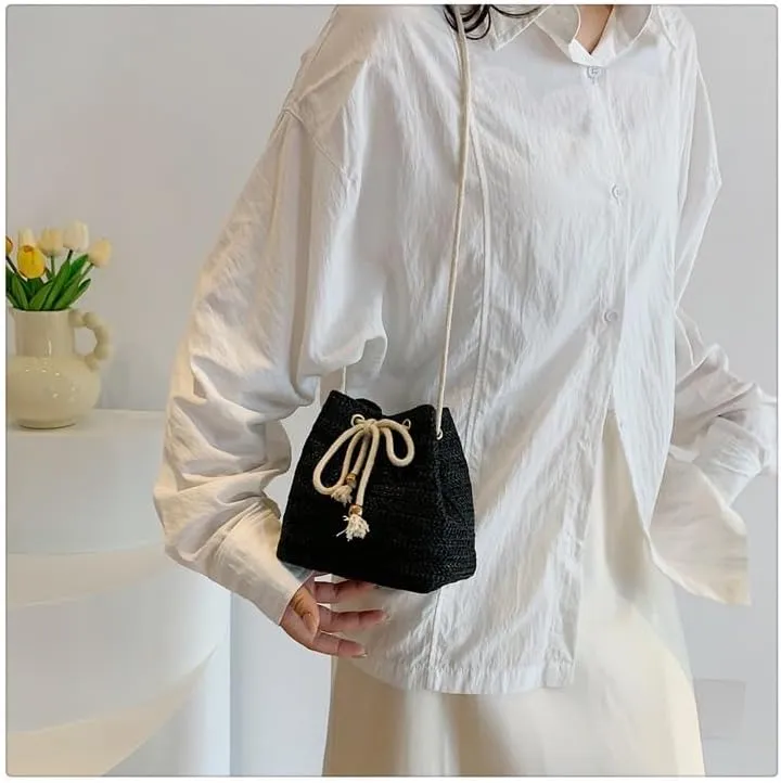 Small Crossbody Purses Women Y2k Beach Crochet Bucket Bags Drawstring Straw Bag Cute Purse Trendy 2025 Summer