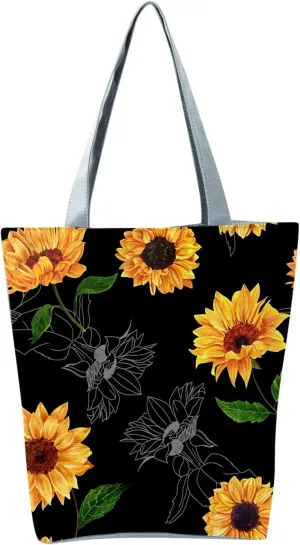 Small Purse Cute Tote Handbag Women's Slouchy Large Capacity Zippered Sunflower Printed Shoulder Bag
