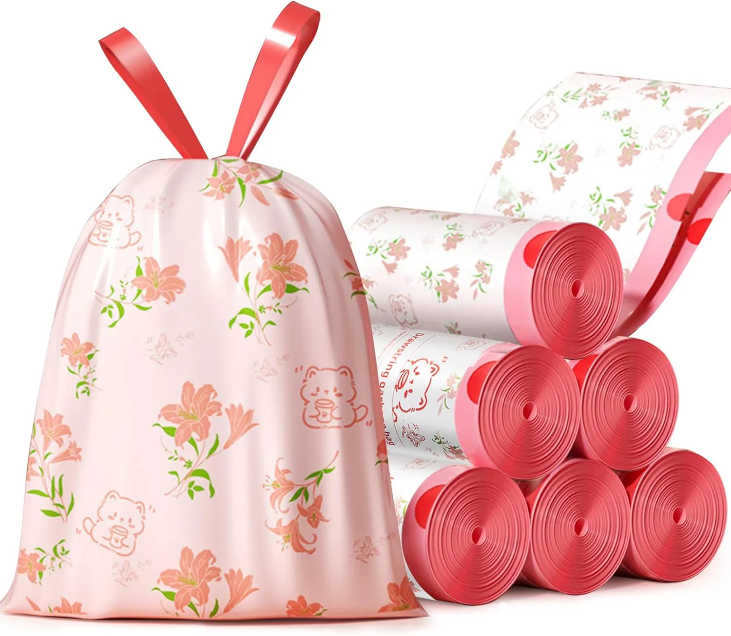 Small Trash Bags 4 Gallon - Bathroom Trash Bags, Tear-Free Drawstring Small Garbage Bags For Bathroom Office Bedroom And Car,With Cute Print and Scent, Pink,15L,78 Count