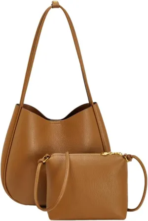 Soft Vegan Leather Shoulder Bag for Women Large Casual Bucket Handbags Working Shopping Tote Purse Satchels 2pcs