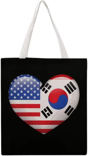 South Korea USA Flag Heart Canvas Tote Bag Casual Handbags Grocery Shopping Purses Work Bag for Women