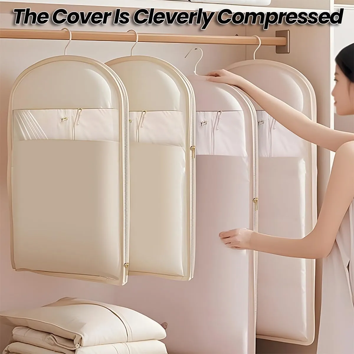 Space Saving Hanging Garment Bag with Self Compression Zipper, Coat Storage Bag Hanging for Moving or Storaging Clothes, Hanging Garment Bag(Beige,Medium)