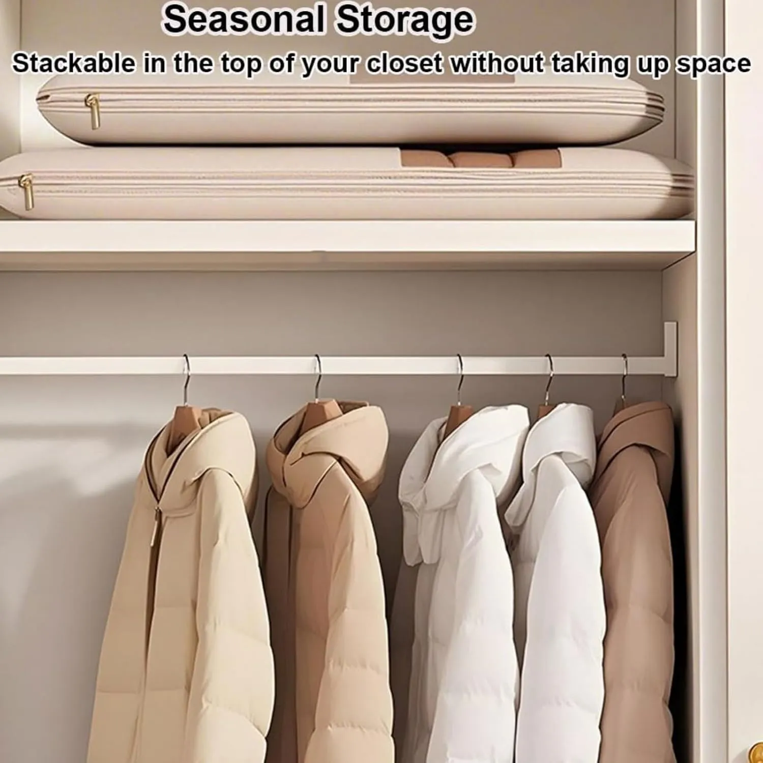 Space Saving Hanging Garment Bag with Self Compression Zipper, Garment Bags for Hanging Clothes, Sac Sous Vide Vetement, Hanging Closet Organizer (Beige,3pcs M)