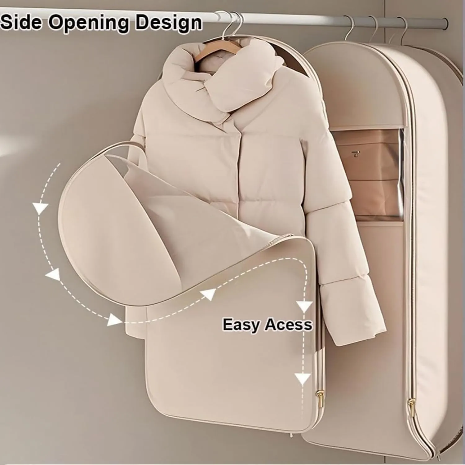 Space Saving Hanging Garment Bag with Self Compression Zipper, Garment Bags for Hanging Clothes, Sac Sous Vide Vetement, Hanging Closet Organizer (Beige,3pcs M)