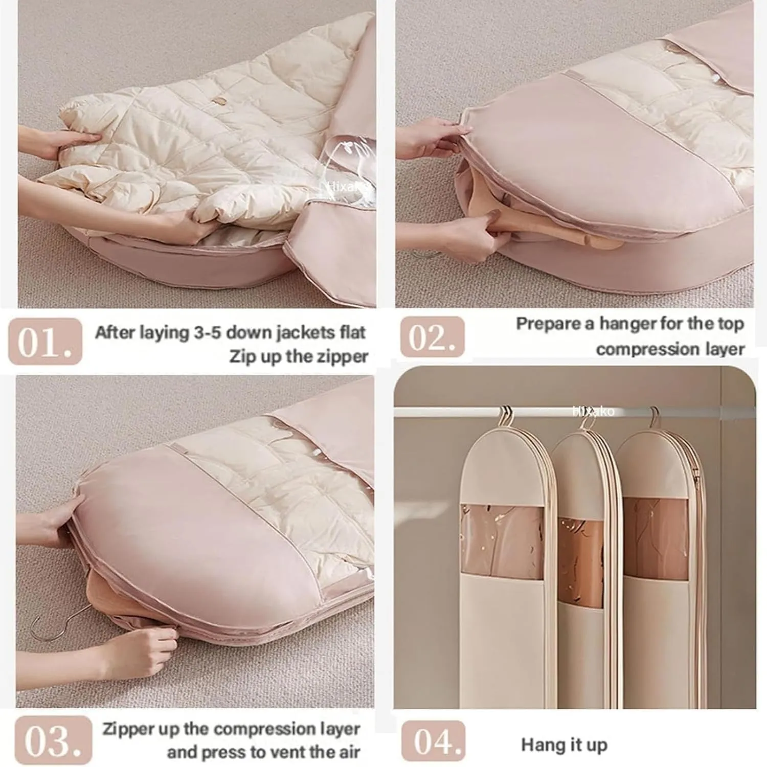 Space Saving Hanging Garment Bag with Self Compression Zipper, Garment Bags for Hanging Clothes, Sac Sous Vide Vetement, Hanging Closet Organizer (Beige,3pcs M)