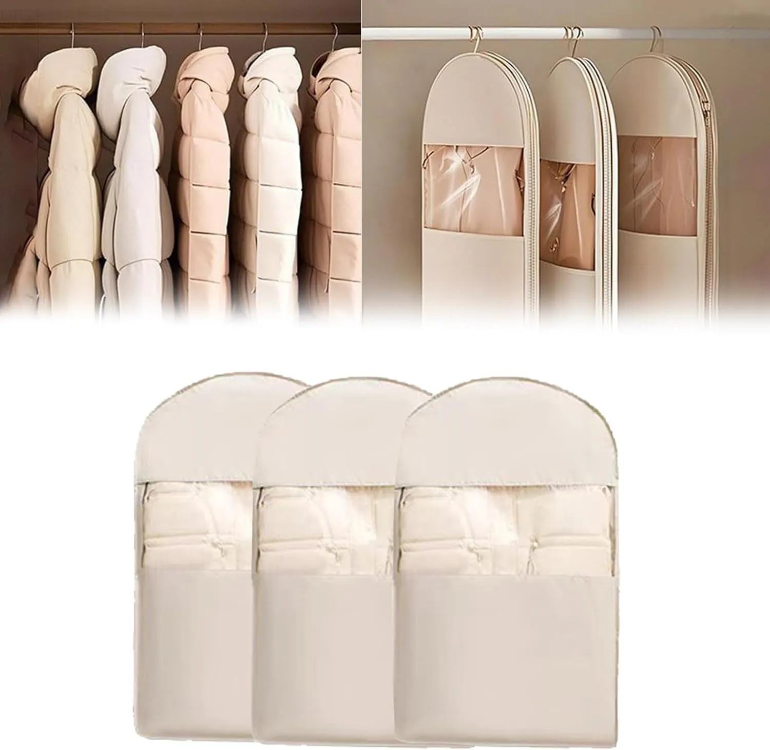 Space Saving Hanging Garment Bag with Self Compression Zipper, Garment Bags for Hanging Clothes, Sac Sous Vide Vetement, Hanging Closet Organizer (Beige,3pcs M)
