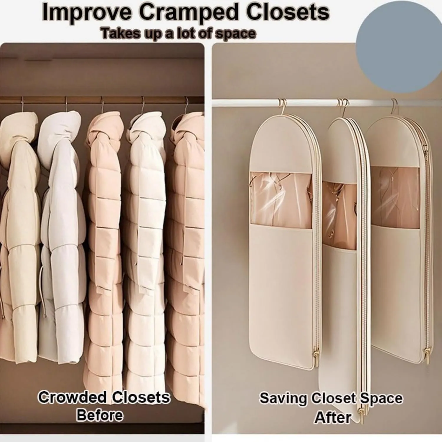 Space Saving Hanging Garment Bag with Self Compression Zipper, Garment Bags for Hanging Clothes, Sac Sous Vide Vetement, Hanging Closet Organizer (Beige,3pcs M)