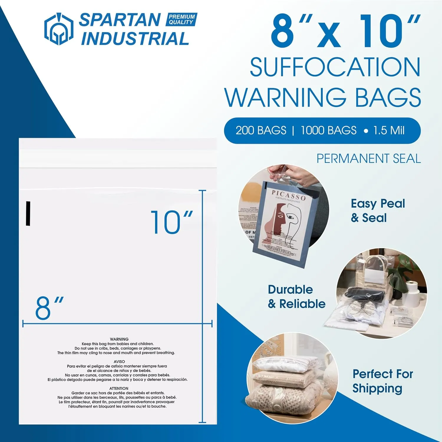 Spartan Industrial - 8" X 10" (1000 Count) Self Seal Clear Poly Bags with Suffocation Warning - Permanent Adhesive