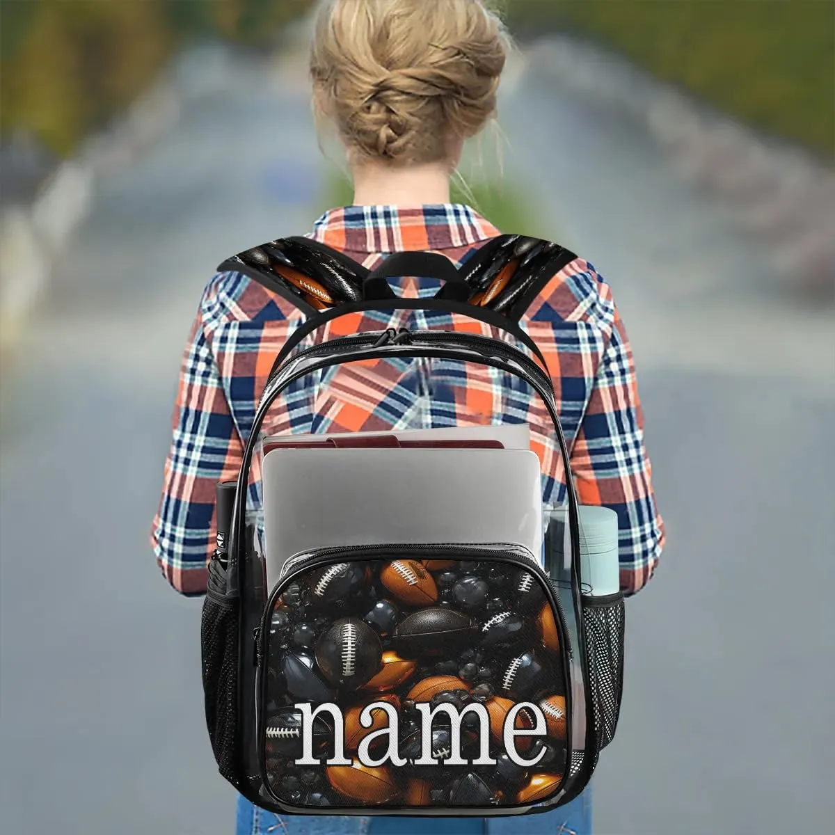 Sport American Footballs Personalized Clear Backpack Custom Waterproof PVC Transparent Backpack with Name Heavy Duty Transparent Bag for Work Travel Concerts