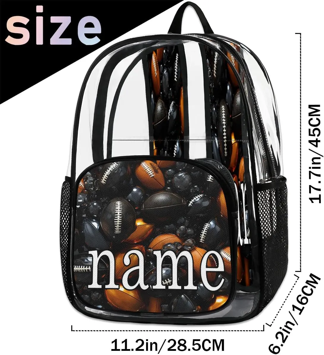 Sport American Footballs Personalized Clear Backpack Custom Waterproof PVC Transparent Backpack with Name Heavy Duty Transparent Bag for Work Travel Concerts