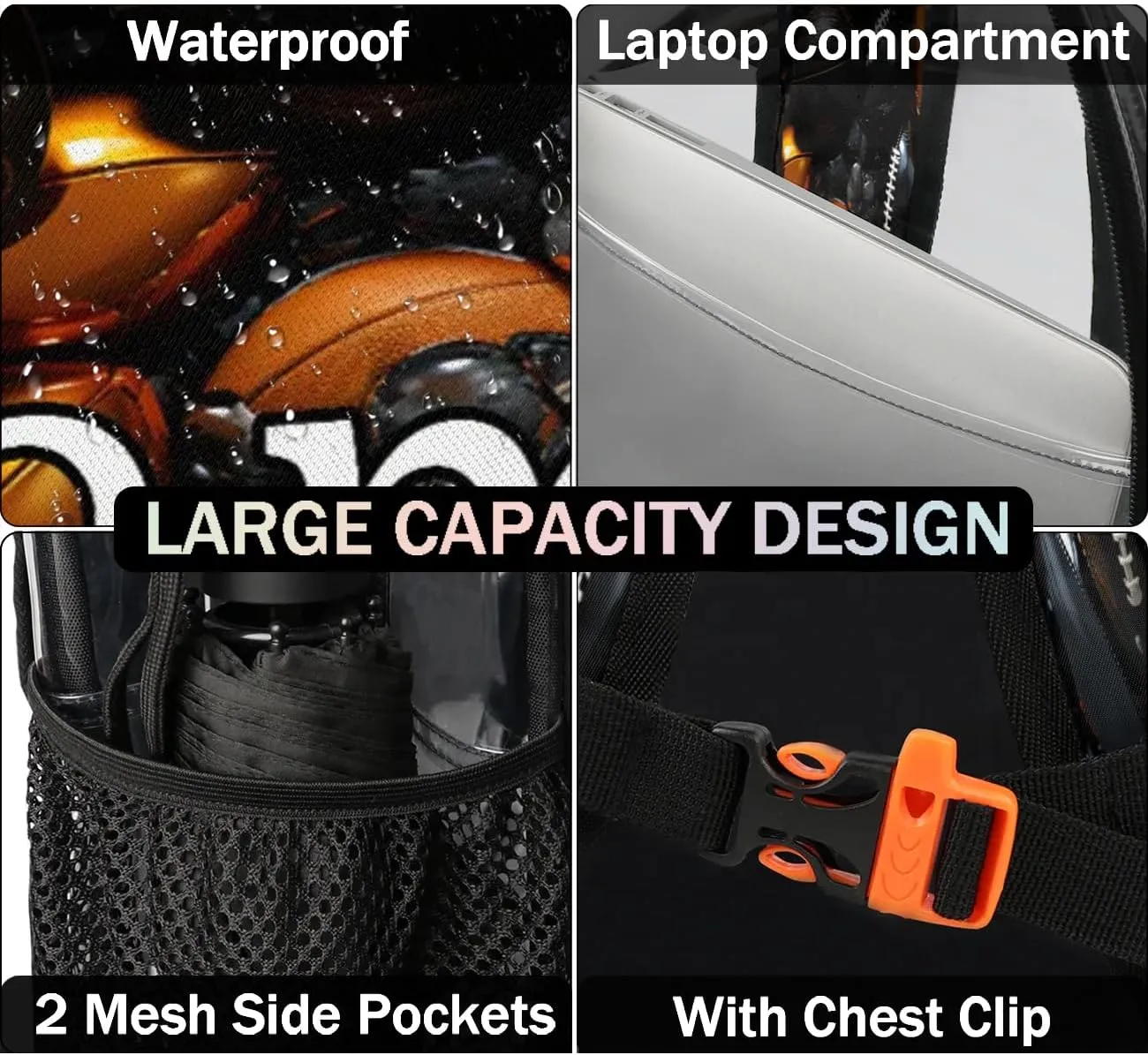 Sport American Footballs Personalized Clear Backpack Custom Waterproof PVC Transparent Backpack with Name Heavy Duty Transparent Bag for Work Travel Concerts