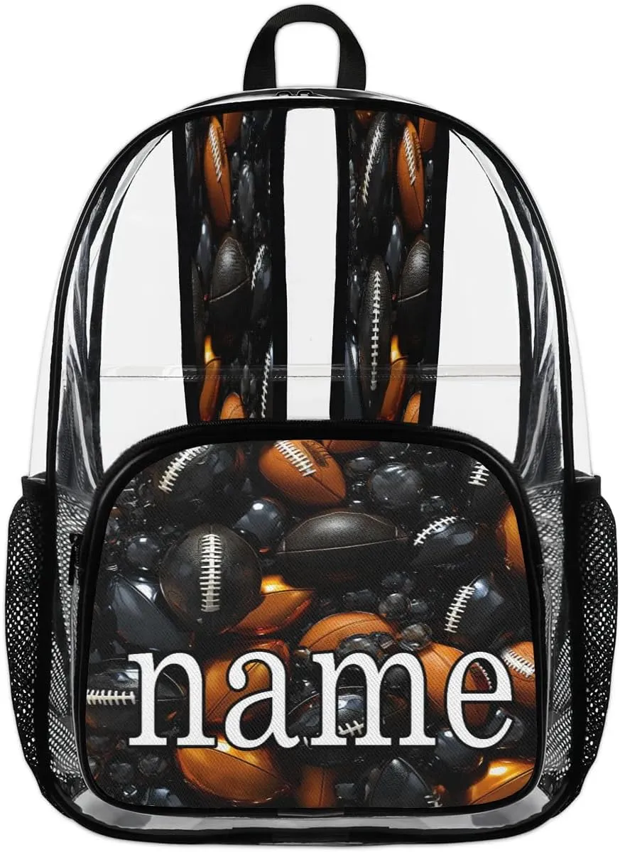 Sport American Footballs Personalized Clear Backpack Custom Waterproof PVC Transparent Backpack with Name Heavy Duty Transparent Bag for Work Travel Concerts