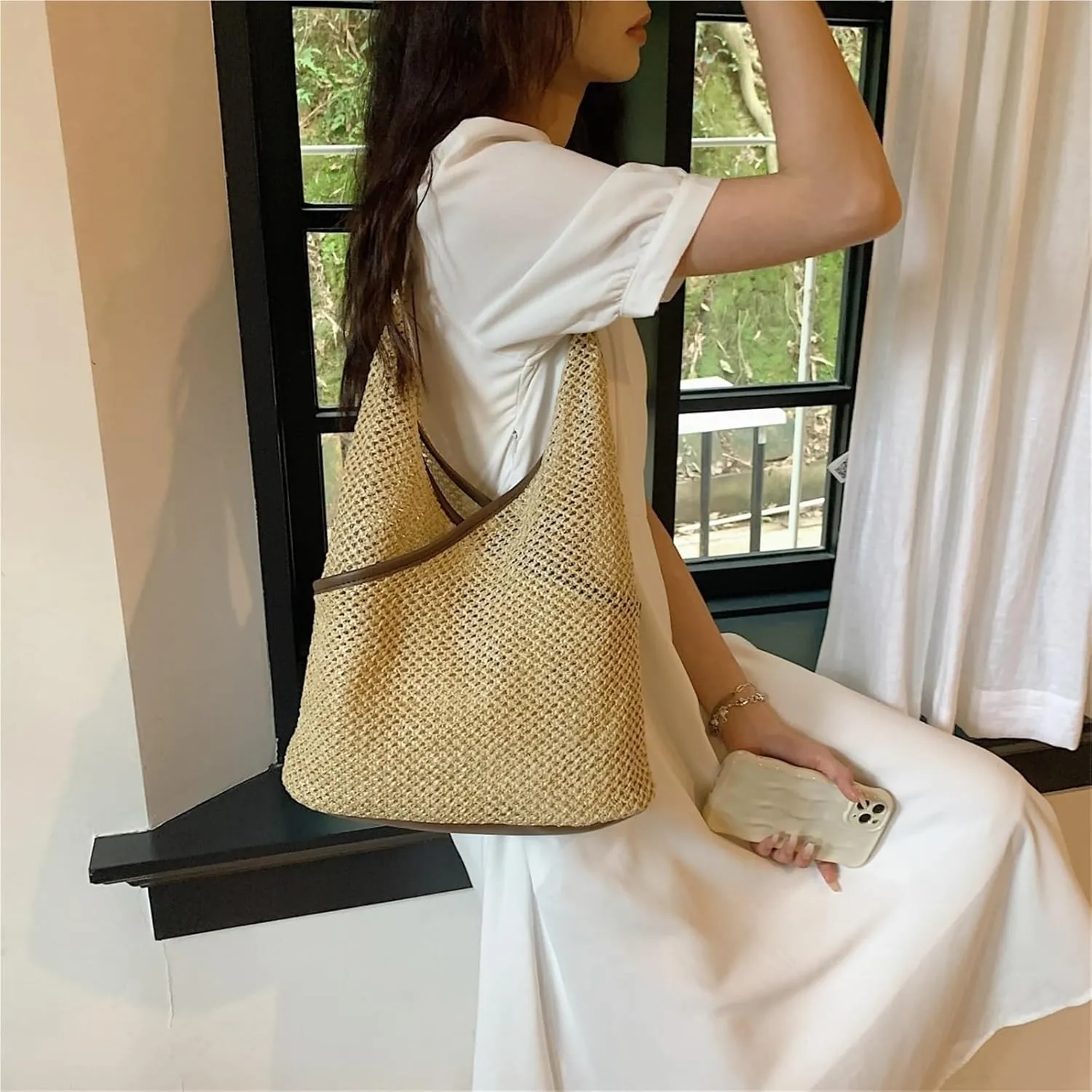 Straw Bag Women Hand Woven Shoulder Beach Totes Lager Capacity Shopping Bag Rattan Bucket Bolsos