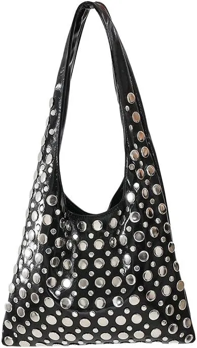 Studded Shoulder Bag for Women PU Leather Tote Bag Rivet Hobo Handbag Retro Underarm Satchels Purse