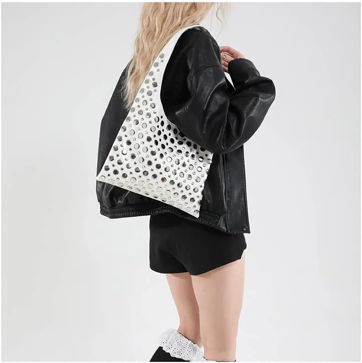 Studded Shoulder Bag for Women PU Leather Tote Bag Rivet Hobo Handbag Retro Underarm Satchels Purse