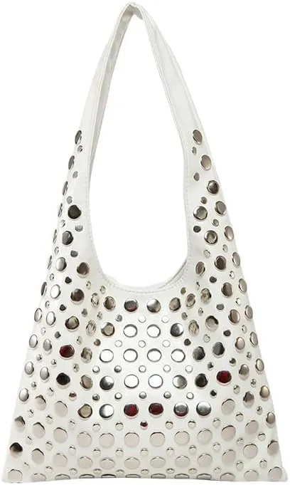 Studded Shoulder Bag for Women PU Leather Tote Bag Rivet Hobo Handbag Retro Underarm Satchels Purse