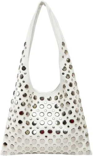Studded Shoulder Bag for Women PU Leather Tote Bag Rivet Hobo Handbag Retro Underarm Satchels Purse