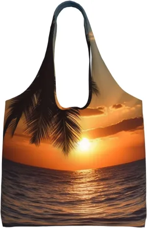 Sunset Palm Tree Ocean Canvas Tote Bag Aesthetic Large Shoulder Bags Reusable Shopping Bags for Women Grocery Bag Purse