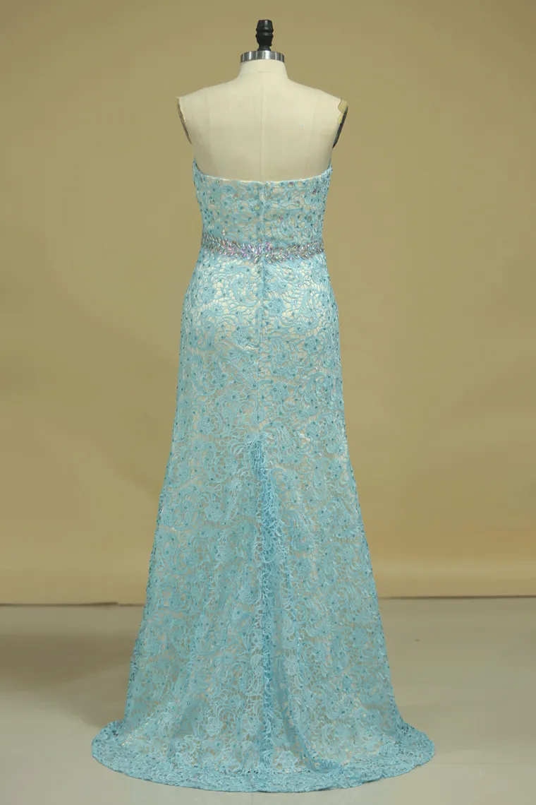 Sweetheart Column Prom Dresses Beaded Waistline With Slit Lace