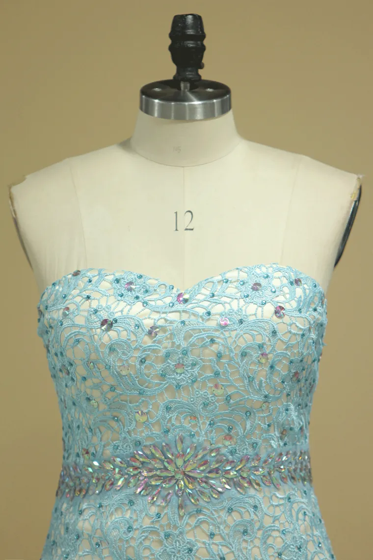 Sweetheart Column Prom Dresses Beaded Waistline With Slit Lace