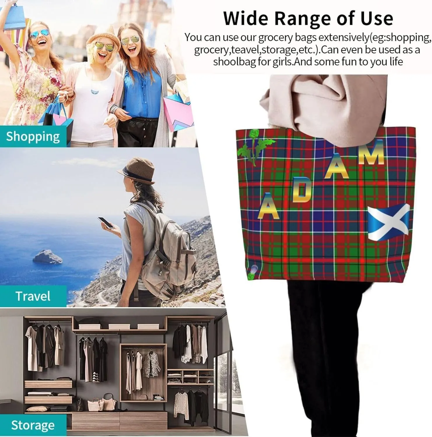 Tartan Plaid Check Tote Bag For Women Weekender Travel Bag Reusable Grocery Bags Large Totes Handbags