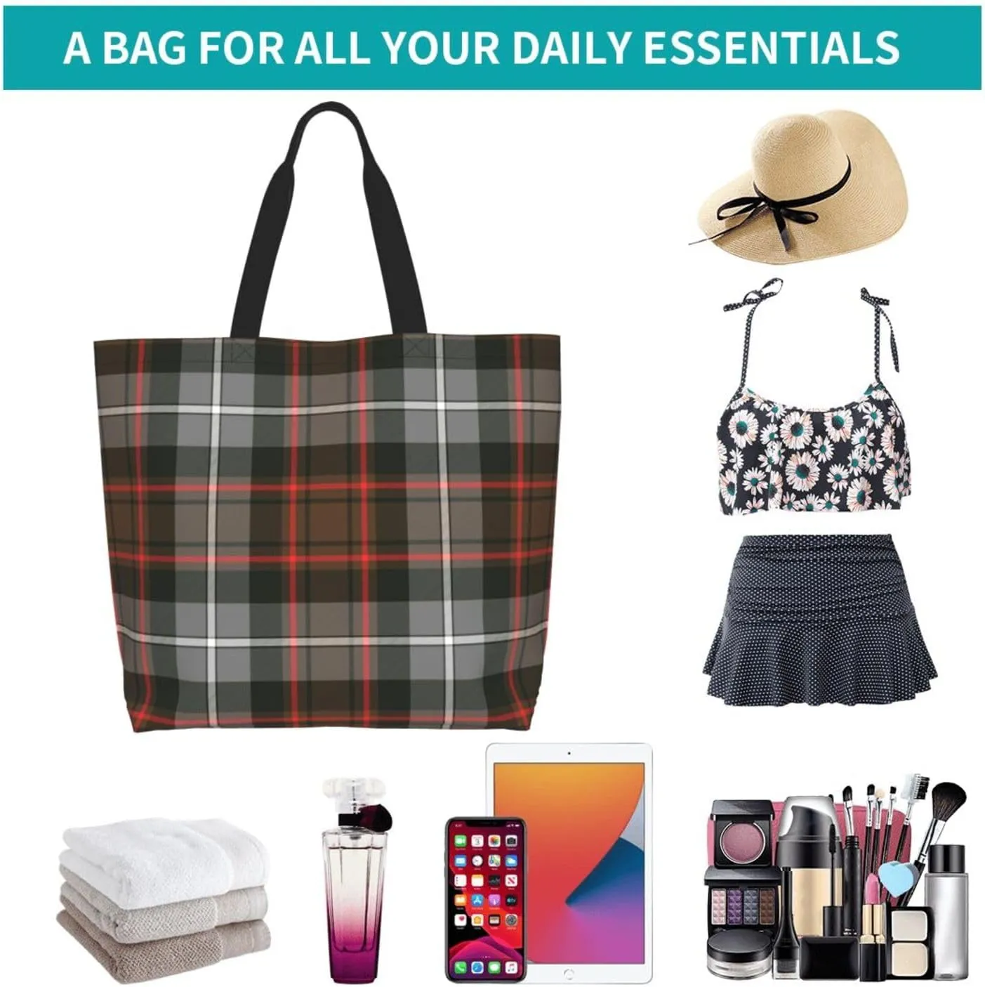 Tartan Tote Bag For Women Weekender Travel Bag Reusable Grocery Bags Large Totes Handbags