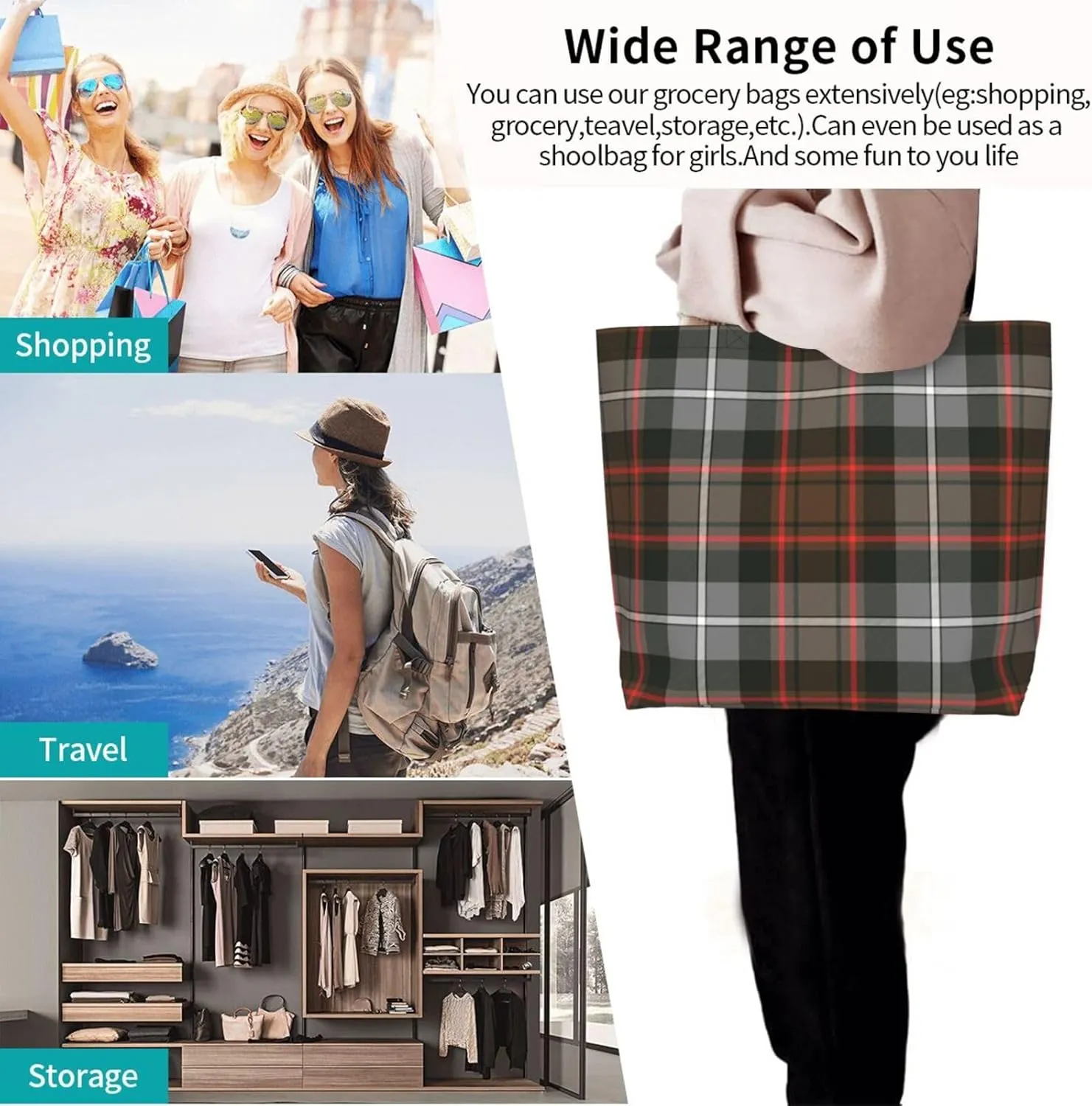 Tartan Tote Bag For Women Weekender Travel Bag Reusable Grocery Bags Large Totes Handbags