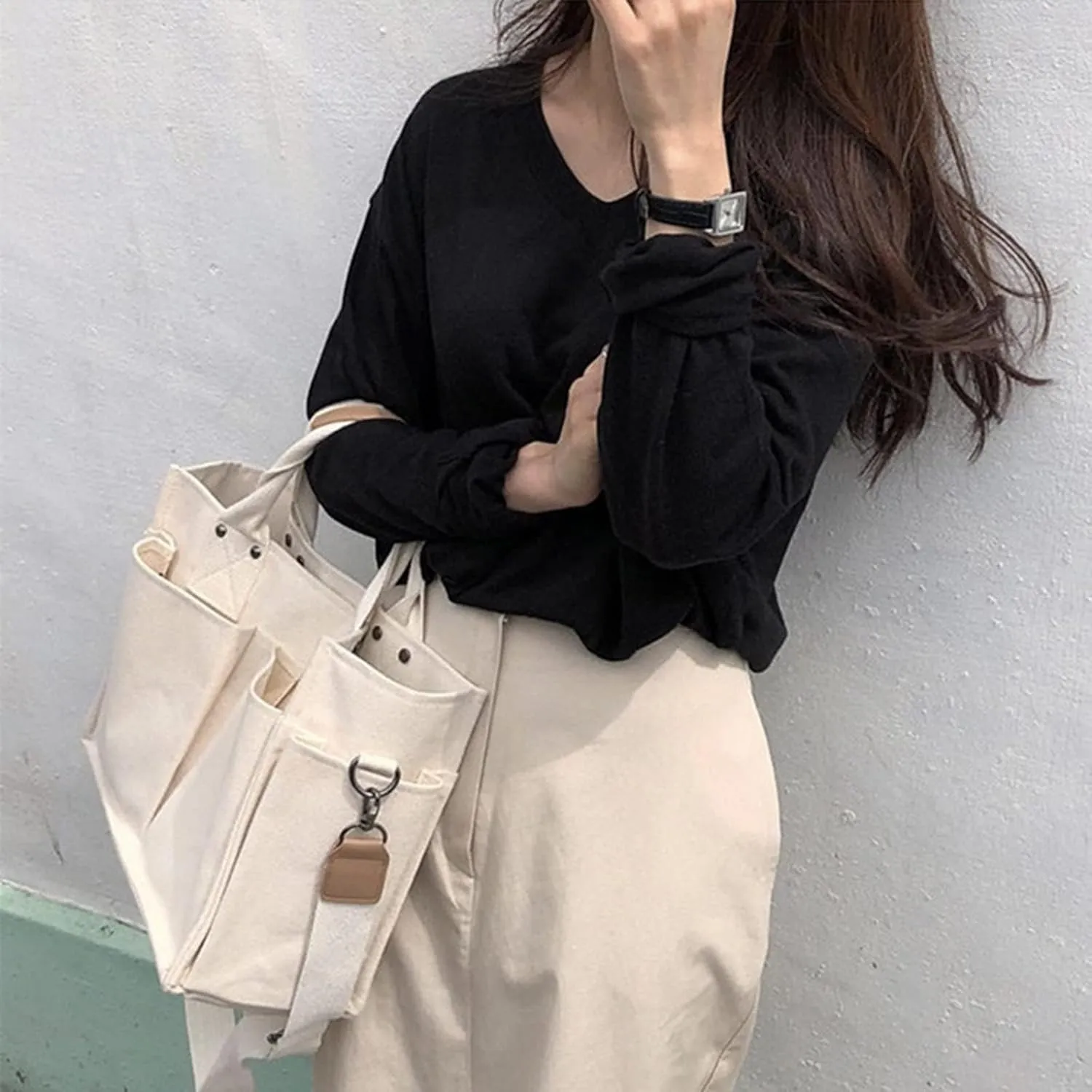 Tote Bag For Women Cotton Canvas Handbag Dual Use Black Custom Printed Tote With Outside Pocket For Travel Essential F