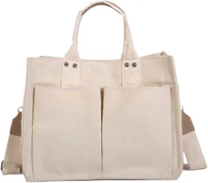 Tote Bag For Women Cotton Canvas Handbag Dual Use Black Custom Printed Tote With Outside Pocket For Travel Essential F