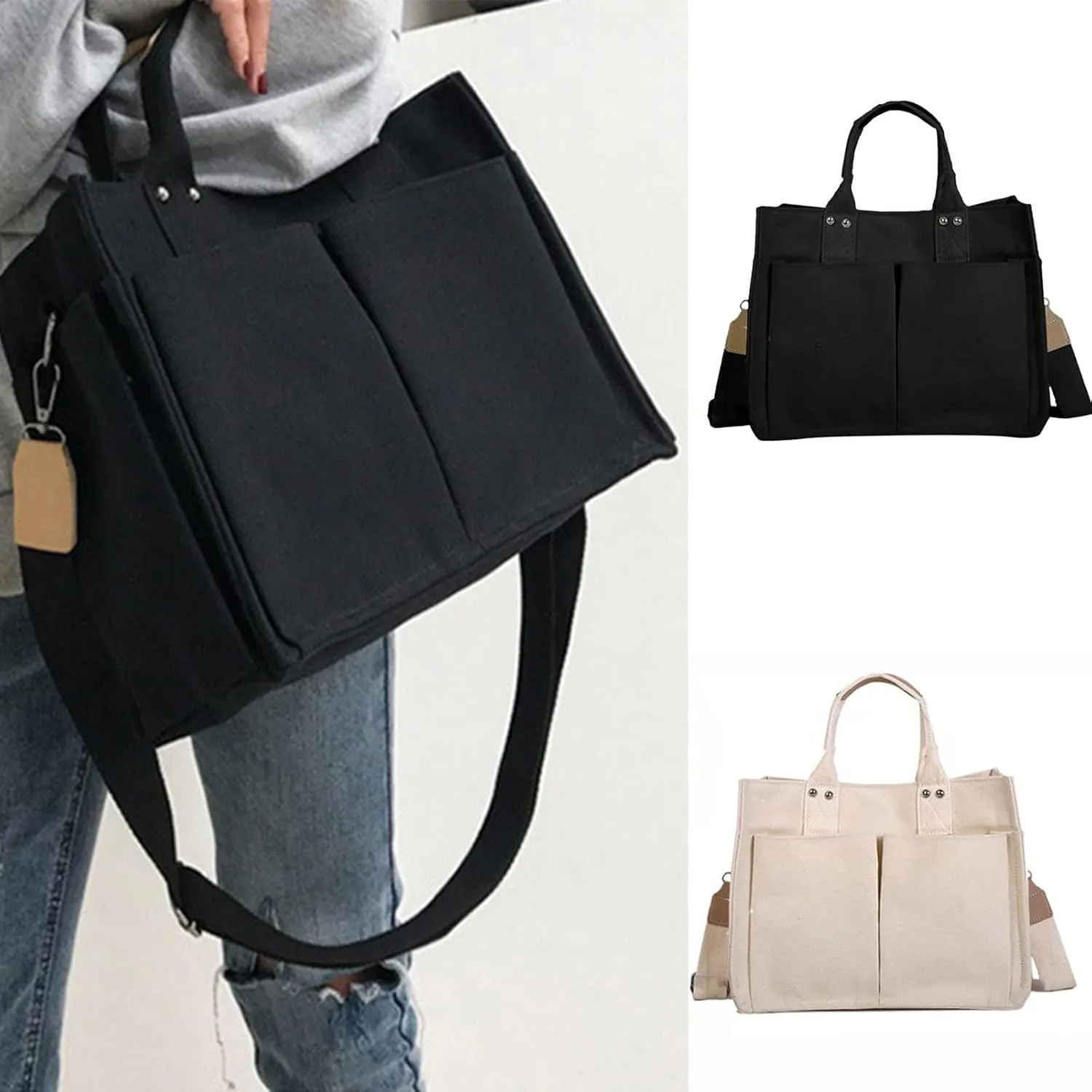 Tote Bag For Women Cotton Canvas Handbag Dual Use Black Custom Printed Tote With Outside Pocket For Travel Essential F
