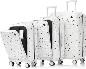 Travel Luggage Set of 3, Front Opening Design with USB Port, Spinner Wheels, Starry Sky White