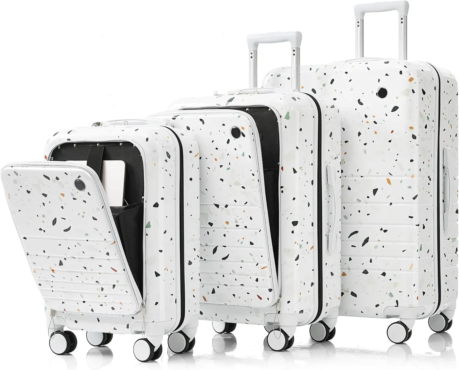 Travel Luggage Set of 3, Front Opening Design with USB Port, Spinner Wheels, Starry Sky White