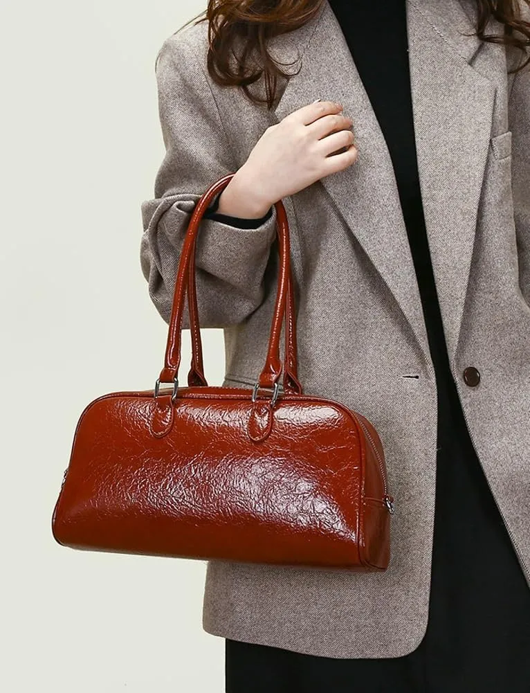 Trendy Shoulder Bag for Women Medium Size Crossbody Tote Purse Glossy Vegan Leather Y2k Handbags Top Handle Satchels