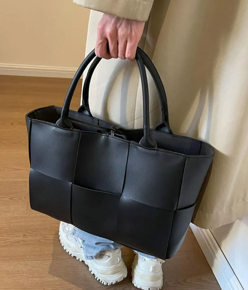 Trendy Woven Handbags for Women Large Vegan Leather Totes Bag Casual Working Shoulder Purse Top Handle Satchel