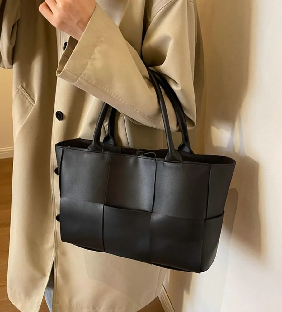 Trendy Woven Handbags for Women Large Vegan Leather Totes Bag Casual Working Shoulder Purse Top Handle Satchel
